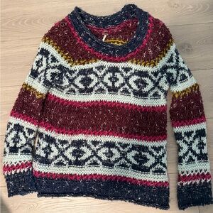 Free People Burgundy and Navy Patterned Sweater